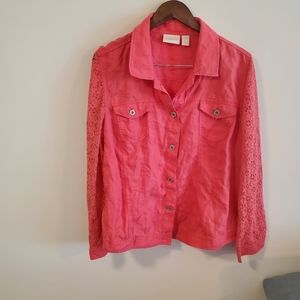 Chicos 100% linen button front jacket lace sleeve coral size XL lightweight